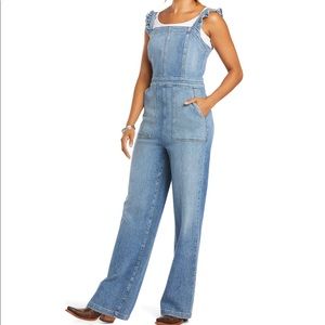 Denim ruffle shoulder overalls